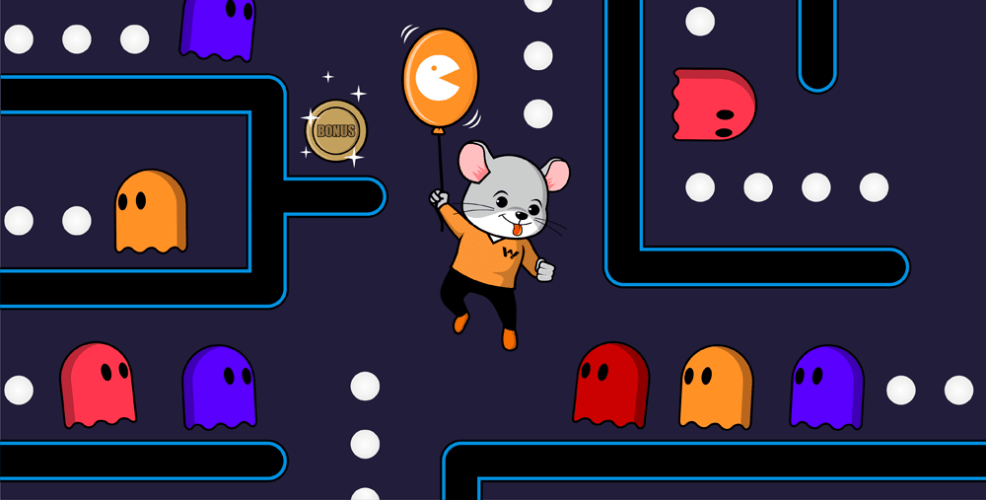 Illustration of a cartoon mouse navigating a maze inspired by a classic arcade game. The mouse is holding a balloon shaped like a game character, with colorful ghosts in pursuit. A ‘Bonus’ token is visible, emphasizing the concept of gamification. The scene highlights the playful nature of using game mechanics in a professional or learning environment.
