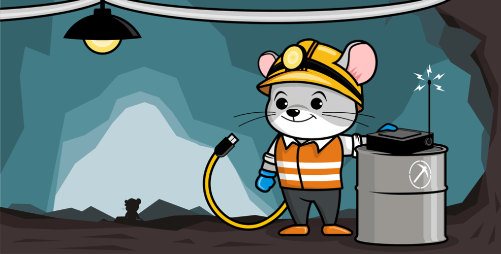 Cartoon illustration of a mouse character in a mining helmet and safety gear inside a cave, standing next to mining equipment with a wireless antenna. The scene symbolises the collaboration between WorkingMouse and MEC Mining, highlighting technology and safety in the mining industry