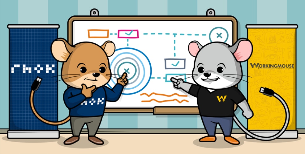 Illustration of two cartoon mice standing in front of a whiteboard, discussing a diagram with checkmarks, targets, and pathways. One mouse wears a ‘RHoK’ sweater, while the other wears a ‘WorkingMouse’ sweater, representing a collaboration. The scene emphasizes teamwork, problem-solving, and strategic planning during a hackathon.