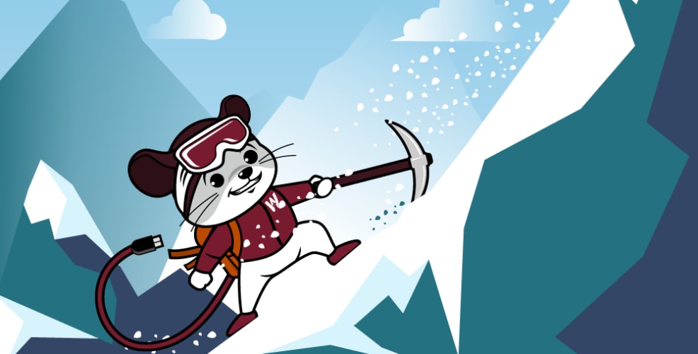 A cartoon mouse climbing up a snowy mountain