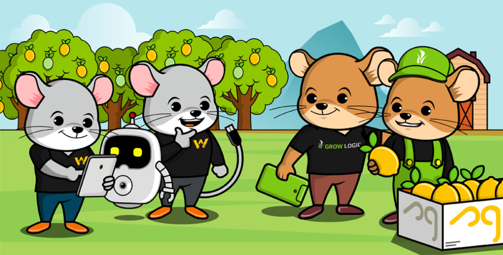 Cartoon characters from WorkingMouse teaming up with a farmer, using technology and innovation in agriculture to improve farming efficiency