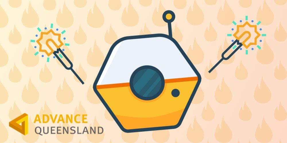 Advance Queensland logo featuring a futuristic bot with sparklers, symbolizing innovation and technological advancements supported by Advance Queensland.