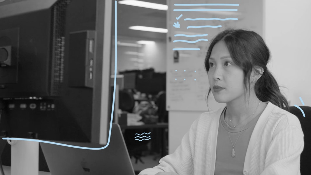 A photo of a woman looking at a computer
