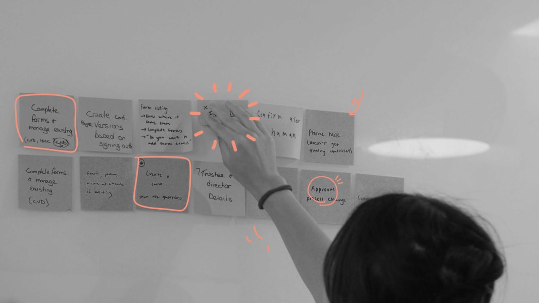 A photos of someone putting a sticky note on a wall with other sticky notes on it
