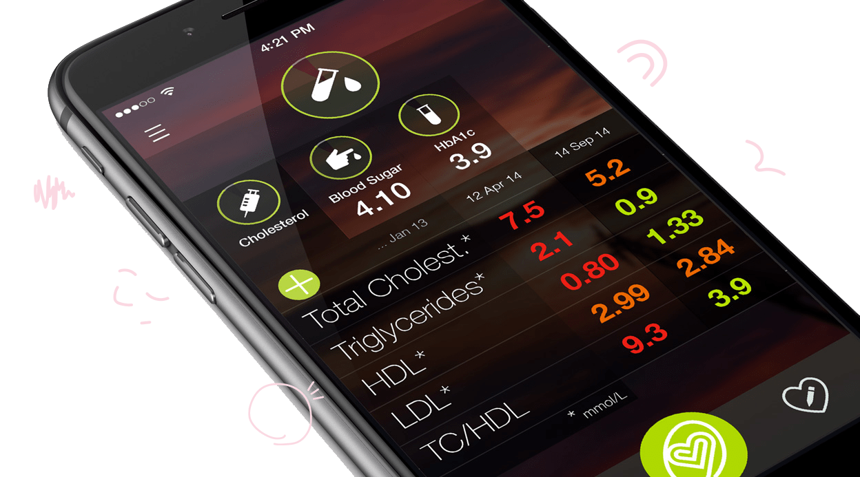 A up close photo of a phone with the app on the screen. It shows the health interface