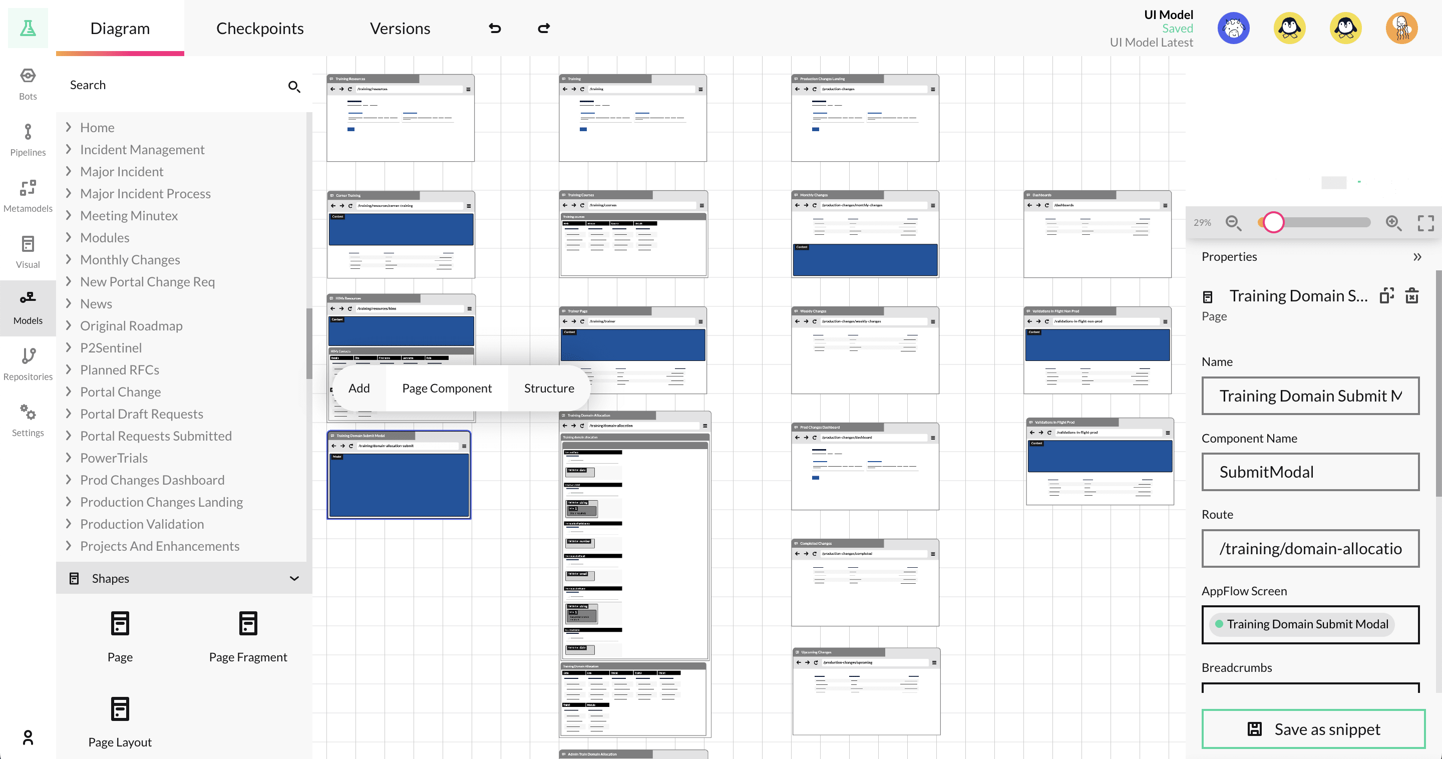 Visual interface modelling pages and components
