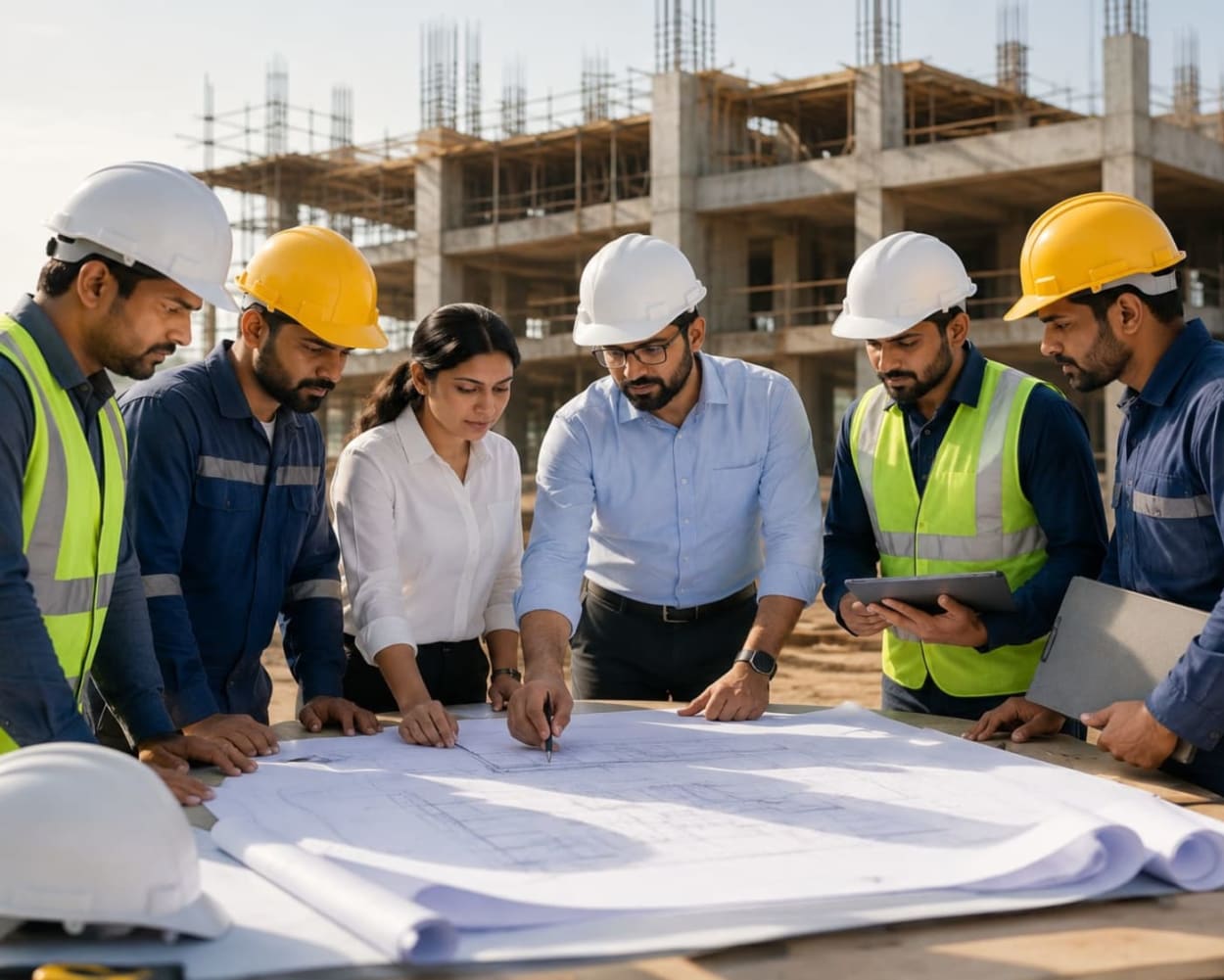 Divine House in-house team reviewing plans on site