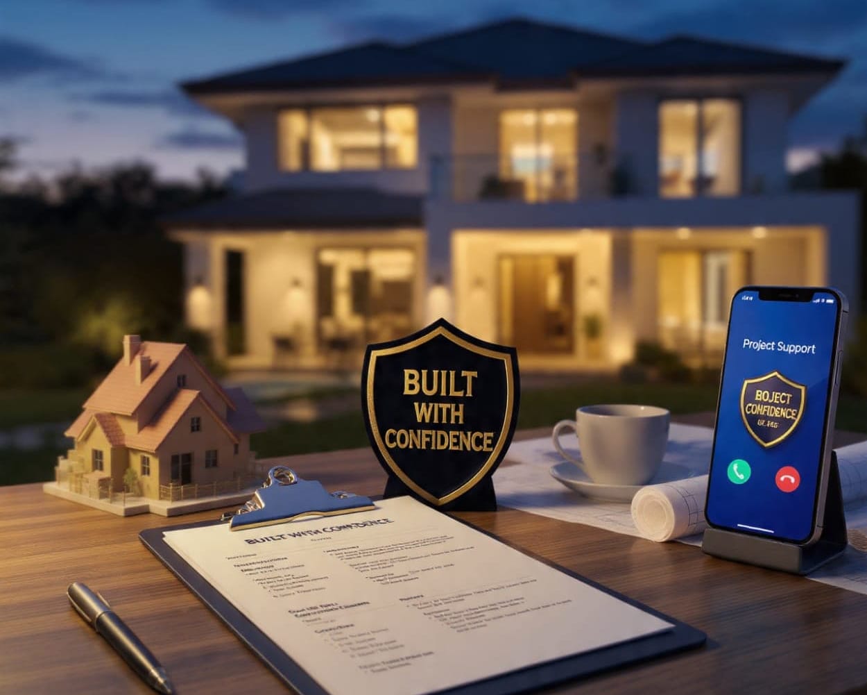 10-year warranty document with finished home in background