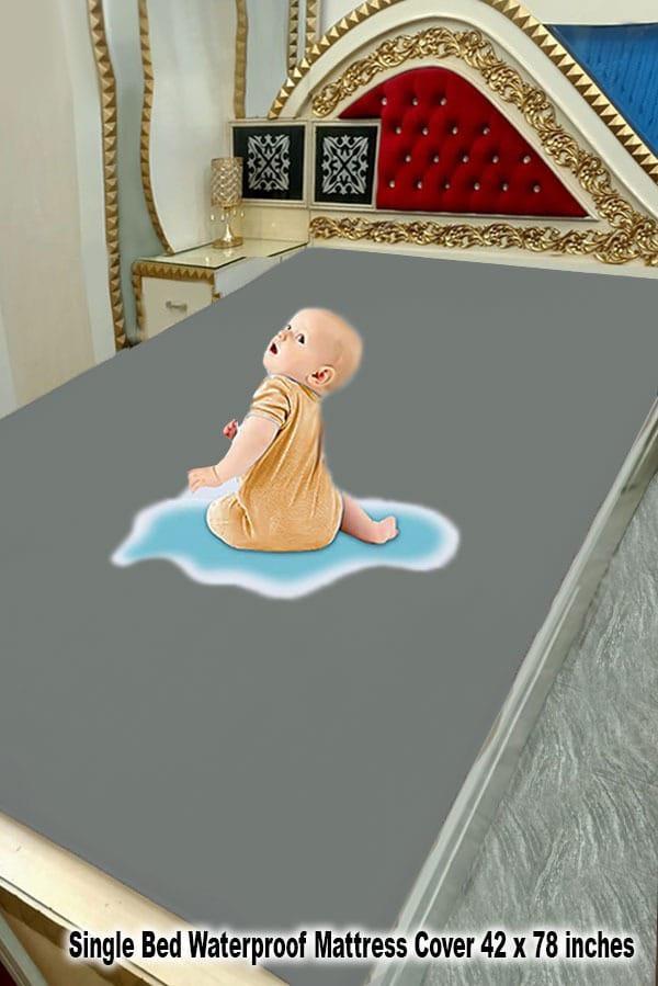 Waterproof Terry Cotton Mattress Cover for Single Bed – Soft Grey Protective Bed Cover (42 x 78 Inches)