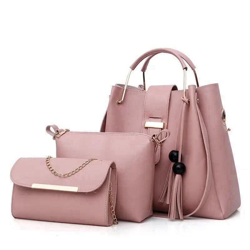 Stylish Pink Leather Handbag Set for Girls – 3-Piece Chic Top Handle Bag Collection