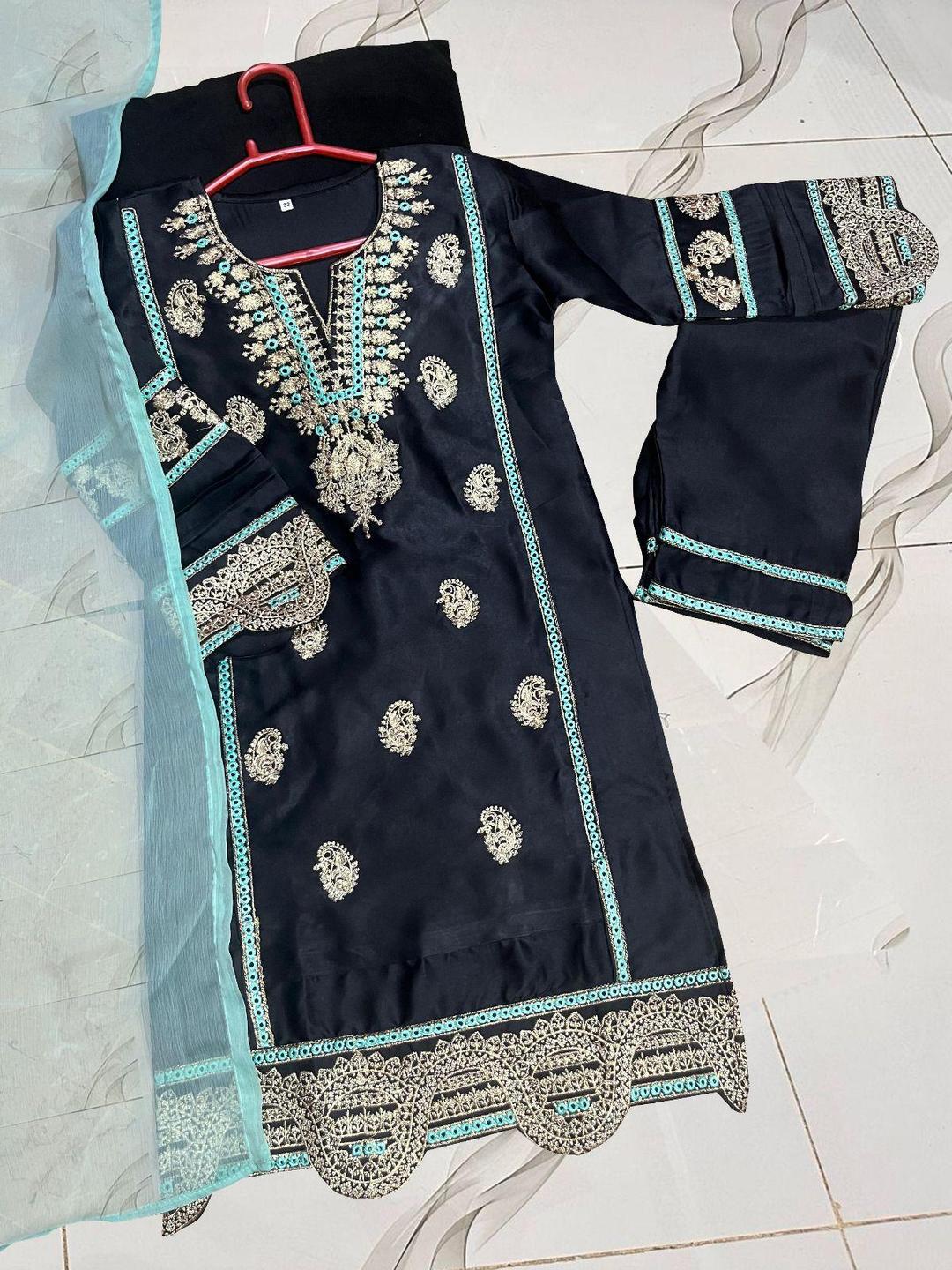 Girls Embroidered Raw Silk 3-Piece Suit with Contrast Dupatta (Ages 6–12 Years)