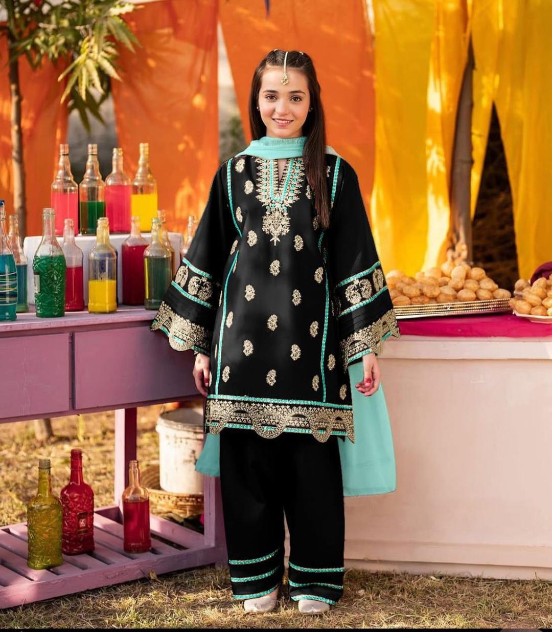Girls Embroidered Raw Silk 3-Piece Suit with Contrast Dupatta (Ages 6–12 Years)