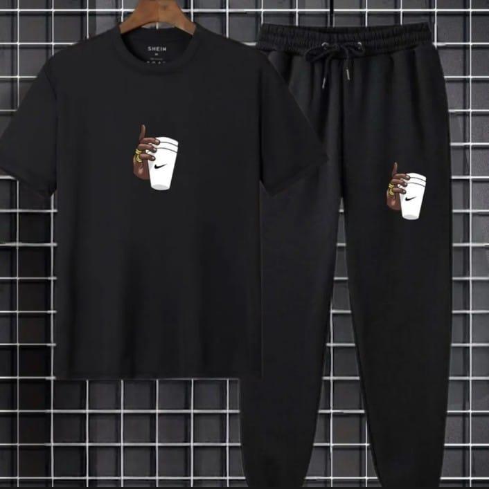 Men’s Black Printed Track Suit – 2-Piece Jersey Sportswear Set | Round Neck Shirt & Trousers | Comfortable Gym & Casual Wear (S–XL)