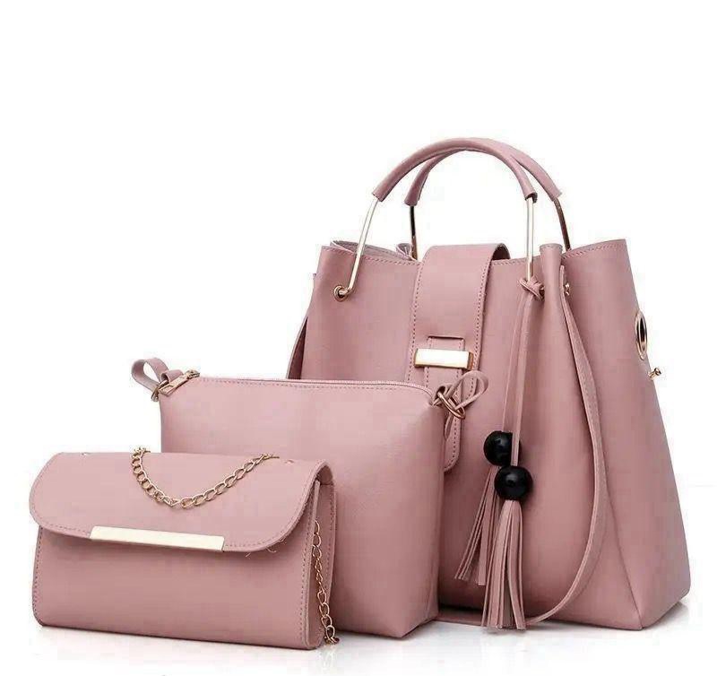 Stylish Pink Leather Handbag Set for Girls – 3-Piece Chic Top Handle Bag Collection