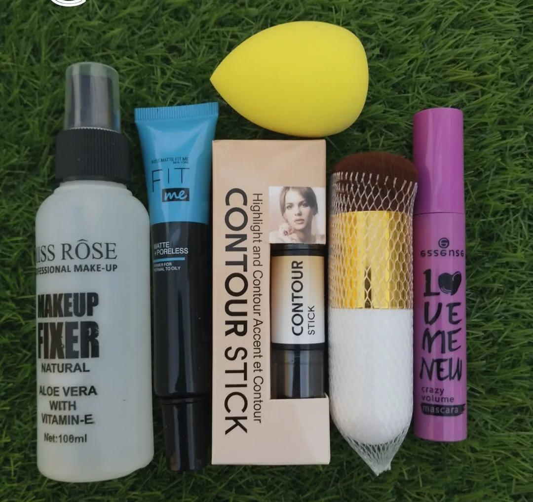 6-in-1 Complete Makeup Kit – Fixer, Primer, Contour Stick, Foundation Brush, Mascara & Beauty Blender (Ivory)