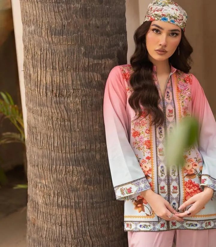 Trending Pink Floral Printed Swiss Lawn Co-Ord Set – Shirt & Flapper Trouser (2-Piece)