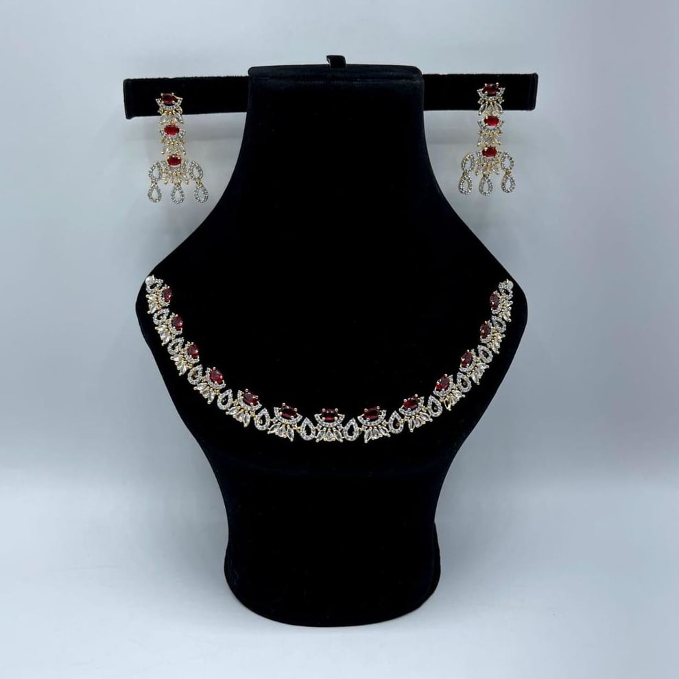 Elegant Gold Plated Necklace Set with Matching Earrings – Premium Women Jewelry Set with Stones & Red Gem Accents for Weddings & Daily Wear in Pakistan
