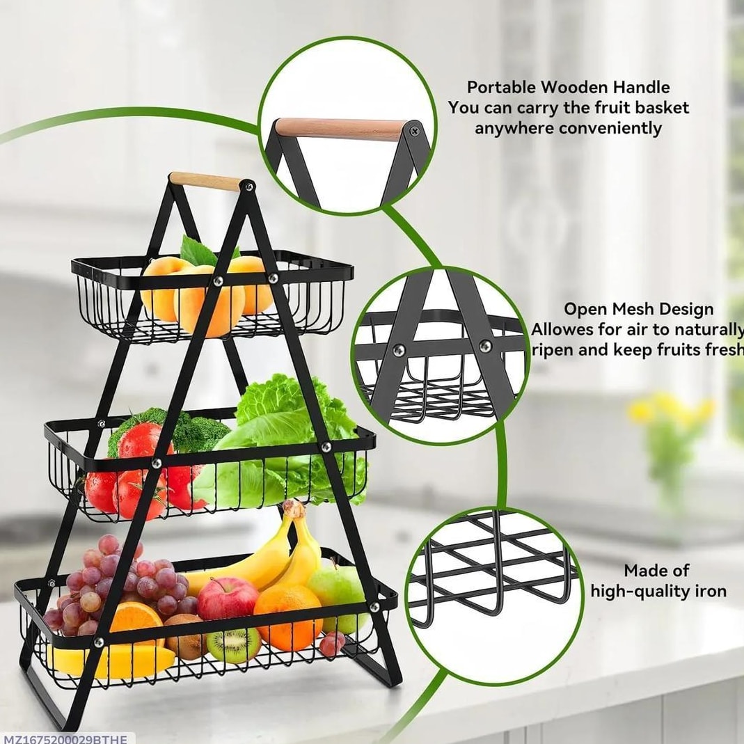 3-Tier Metal Fruit Basket with Wooden Handle – Rust-Resistant Kitchen Storage Organizer (Black)