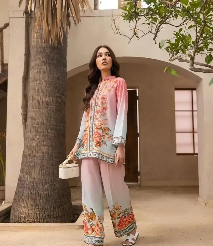 Trending Pink Floral Printed Swiss Lawn Co-Ord Set – Shirt & Flapper Trouser (2-Piece)