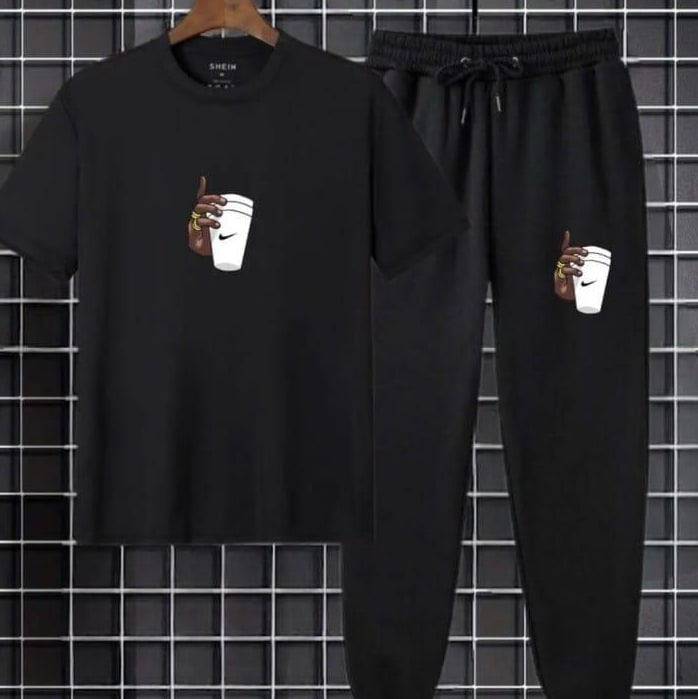 Men’s Black Printed Track Suit – 2-Piece Jersey Sportswear Set | Round Neck Shirt & Trousers | Comfortable Gym & Casual Wear (S–XL)