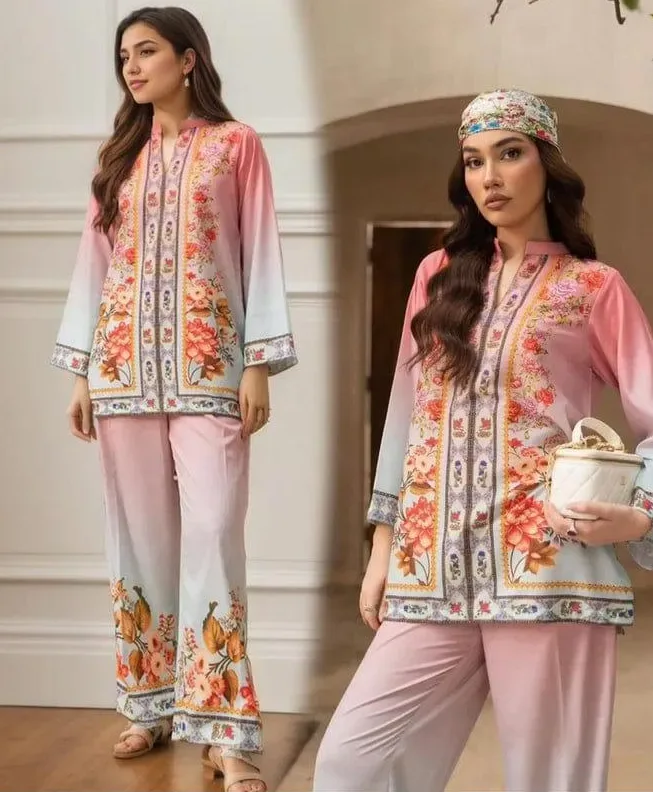 Trending Pink Floral Printed Swiss Lawn Co-Ord Set – Shirt & Flapper Trouser (2-Piece)