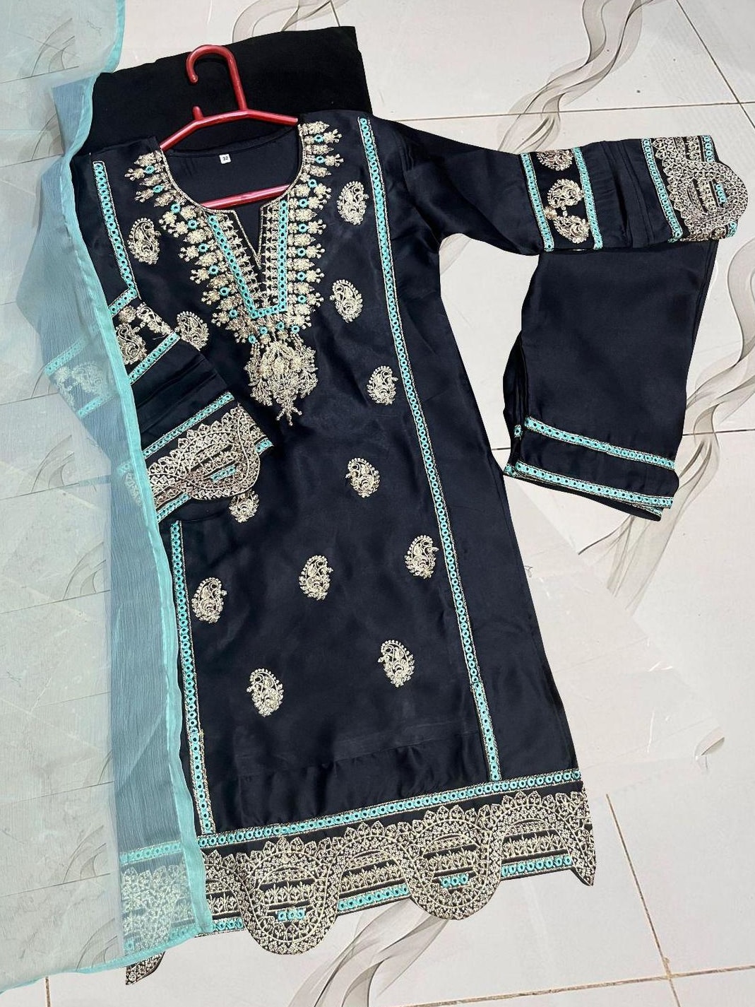 Girls Embroidered Raw Silk 3-Piece Suit with Contrast Dupatta (Ages 6–12 Years)