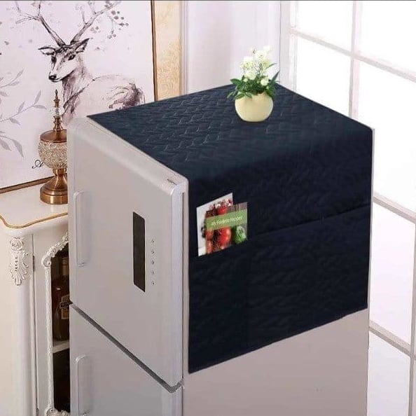Quilted Refrigerator Cover with 4 Pockets - 50x20 Inch Cotton Fridge Dust Cover Protector for Kitchen Organization and Storage