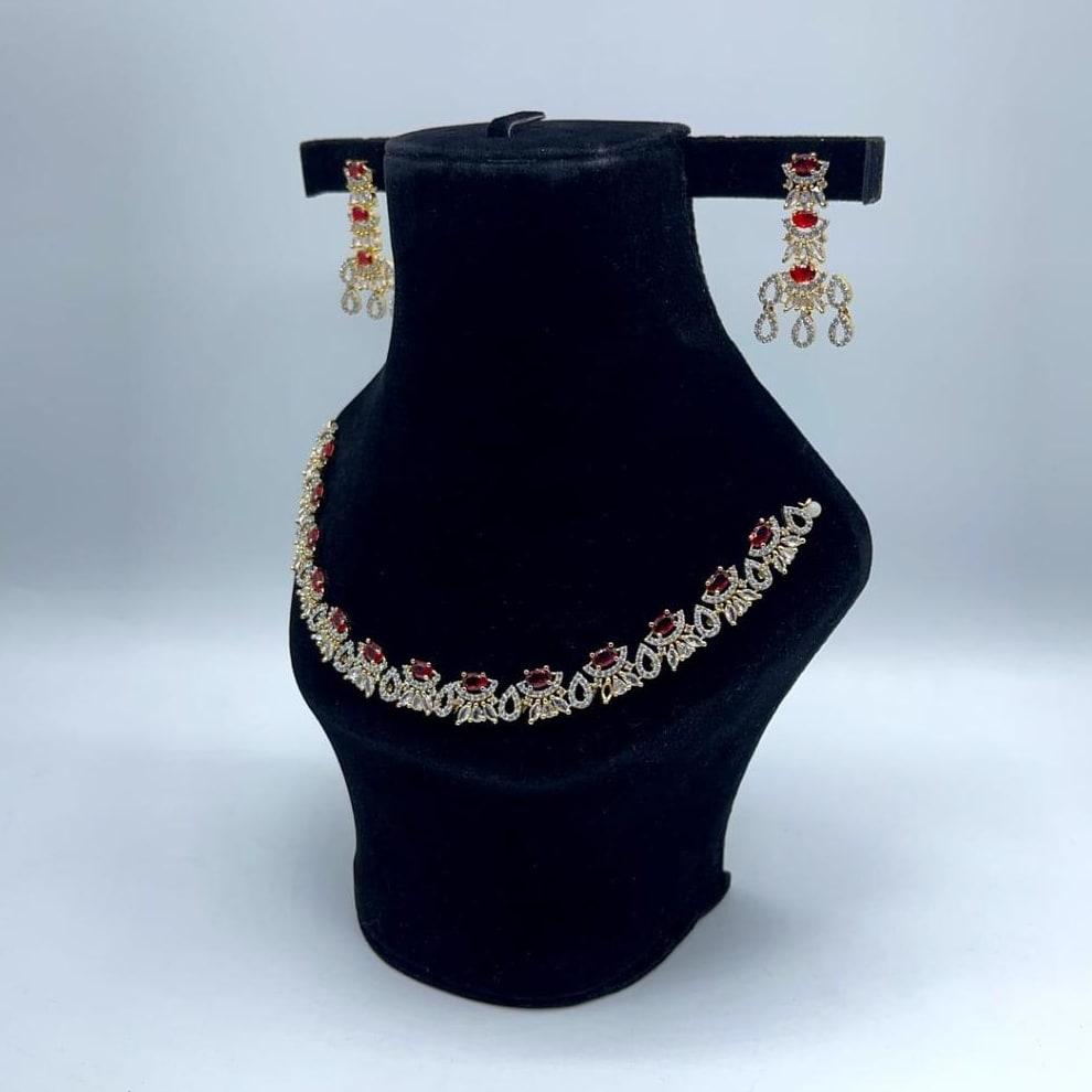 Elegant Gold Plated Necklace Set with Matching Earrings – Premium Women Jewelry Set with Stones & Red Gem Accents for Weddings & Daily Wear in Pakistan