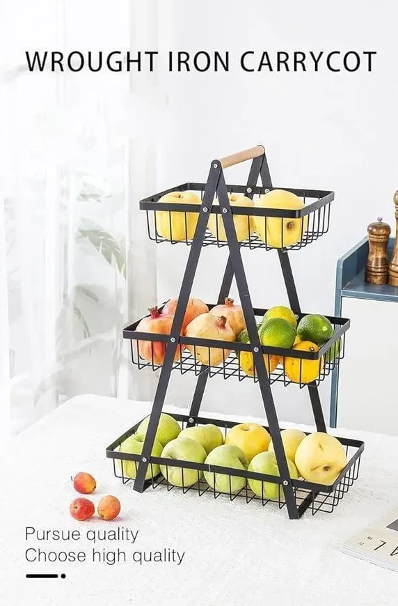 3-Tier Metal Fruit Basket with Wooden Handle – Rust-Resistant Kitchen Storage Organizer (Black)