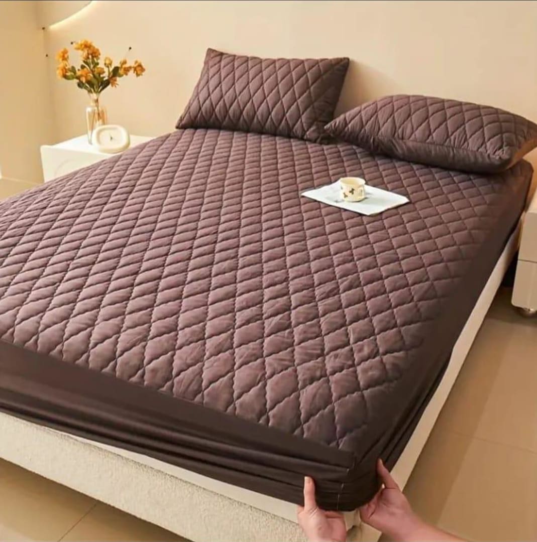 Waterproof Microfiber Mattress Cover – Quilted Double Bed Protector (Brown)