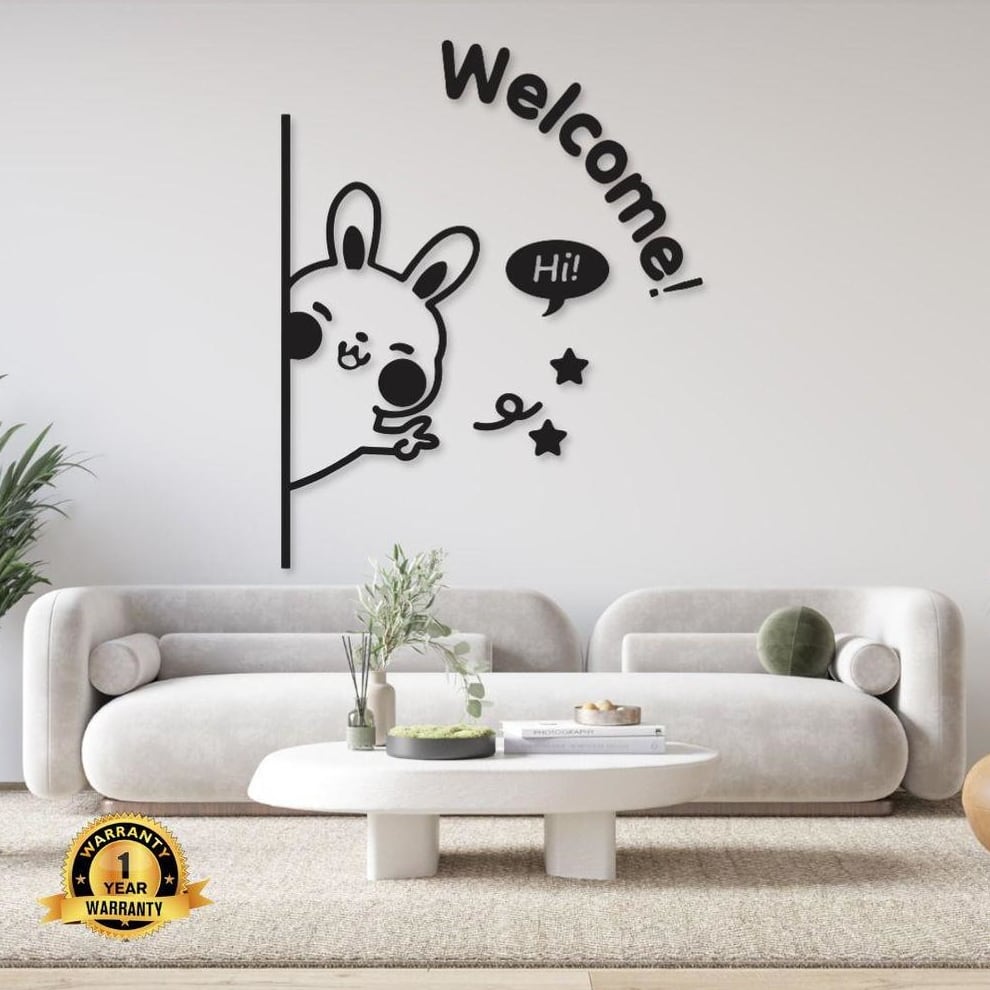 Cute 3D Bunny Welcome Sign Wall Art – Premium Laminated Chipboard Décor for Pakistani Homes, Kids Room, Office | No Frame Needed