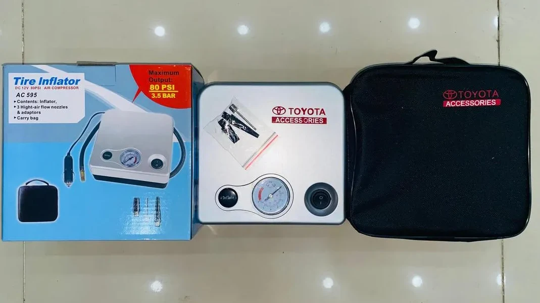 Toyota Tire Inflator DC 12V Portable Air Compressor 80 PSI - Car Tire Pump with Digital Gauge, 3 Nozzles & Carry Bag for Car, Motorcycle, Bicycle - Model AC595