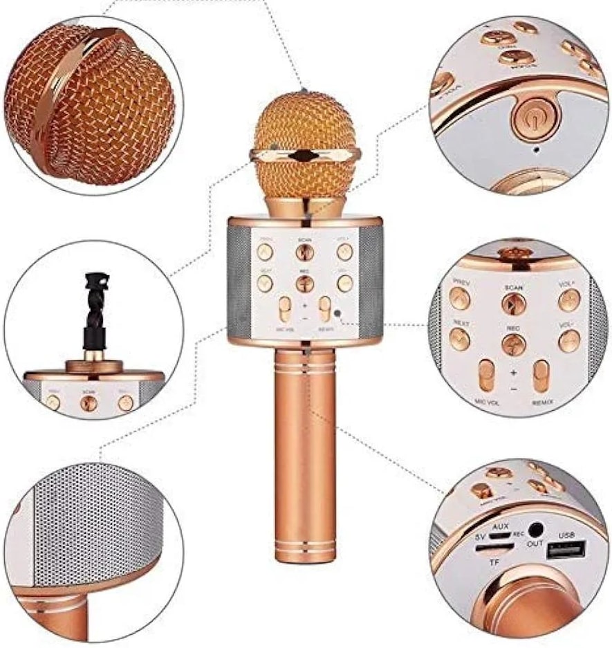 Premium Rose Gold Wireless Karaoke Microphone with Speaker – Rechargeable Bluetooth Mic for Parties & Home Use in Pakistan