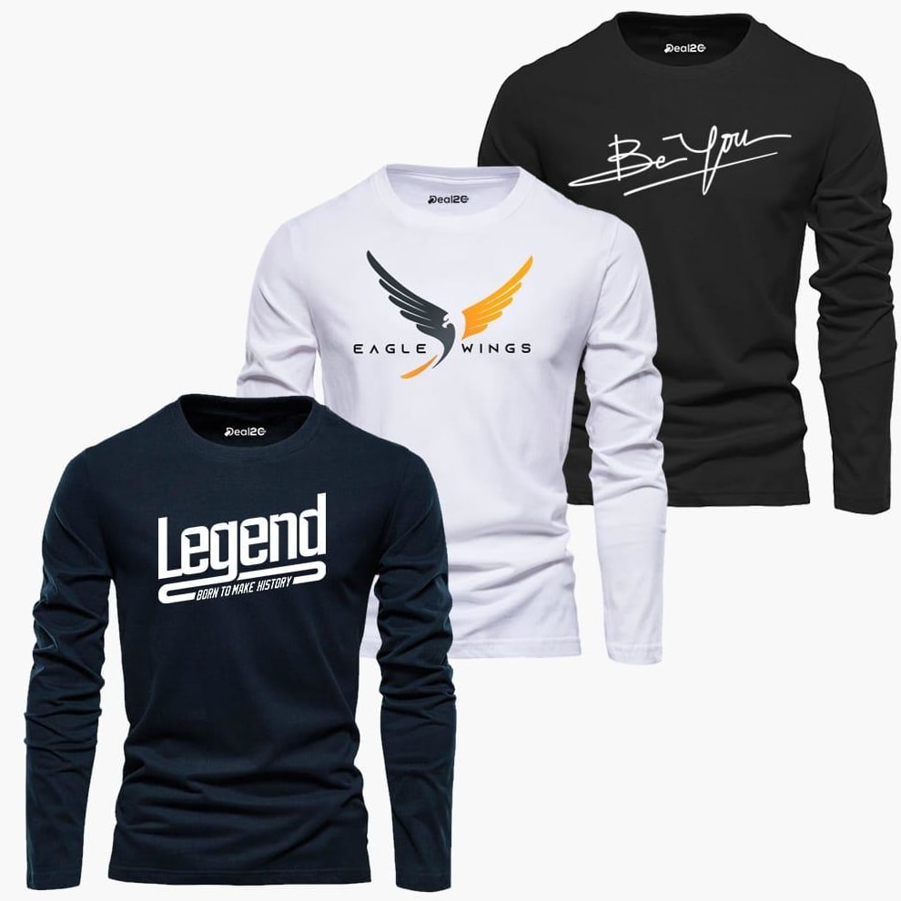 Men’s Printed Cotton Jersey T-Shirt Set – 3-Piece Multicolor Round Neck Pack