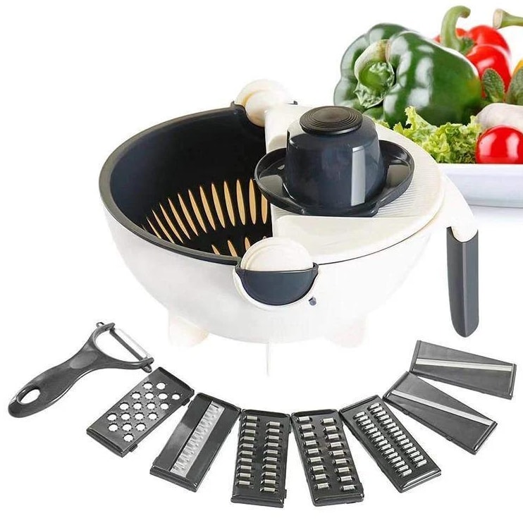 Multi-Use Vegetable Cutter with Drain Basket – White Plastic Kitchen Chopper for Slicing, Dicing & Grating | Best Price in Pakistan