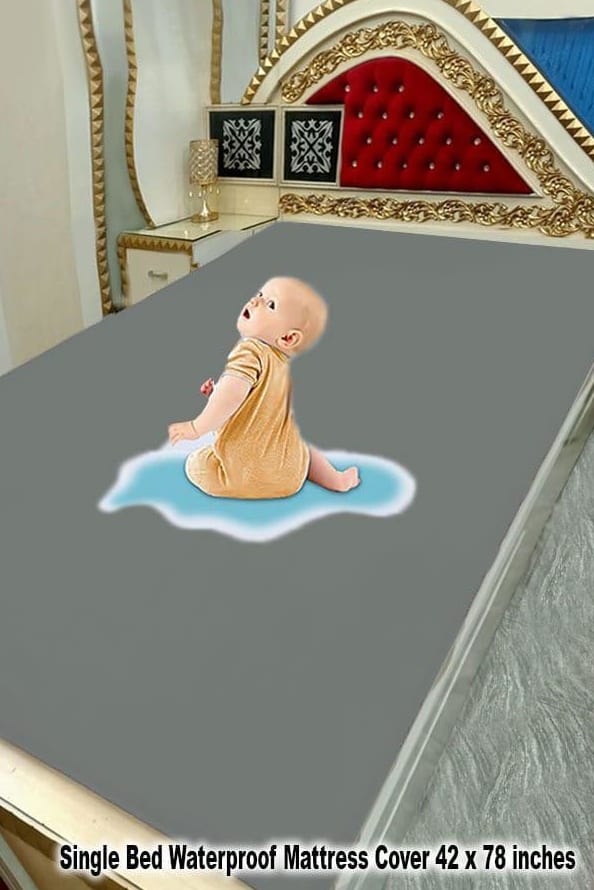 Waterproof Terry Cotton Mattress Cover for Single Bed – Soft Grey Protective Bed Cover (42 x 78 Inches)