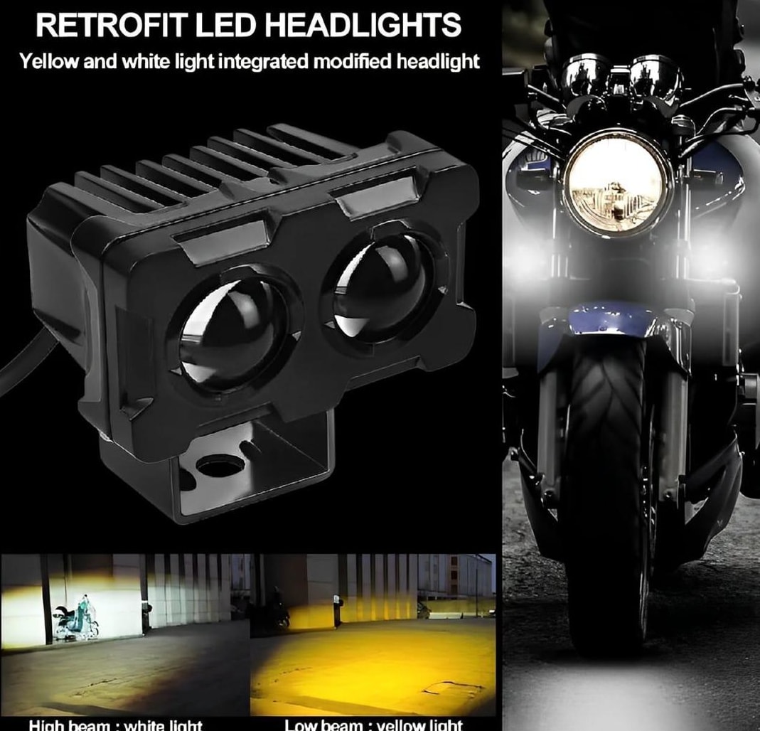 Motorcycle Robot Dual Color LED Driving Lights – Waterproof High-Intensity White & Yellow Bike Headlights