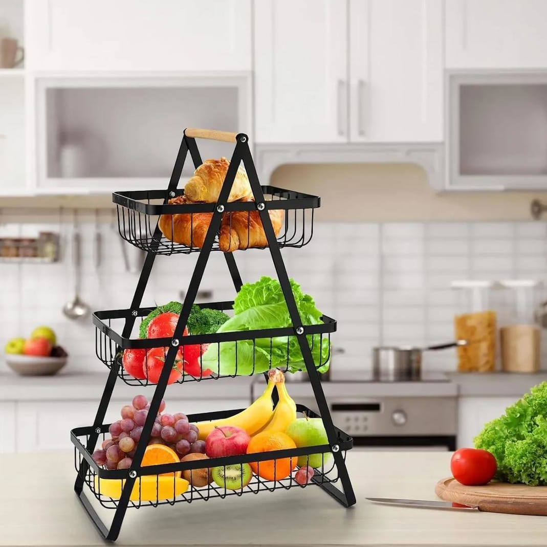 3-Tier Metal Fruit Basket with Wooden Handle – Rust-Resistant Kitchen Storage Organizer (Black)