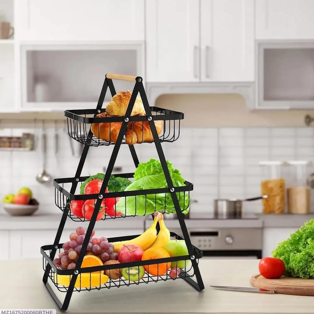 3-Tier Metal Fruit Basket with Wooden Handle – Rust-Resistant Kitchen Storage Organizer (Black)