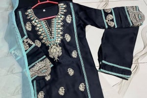 Girls Embroidered Raw Silk 3-Piece Suit with Contrast Dupatta (Ages 6–12 Years)