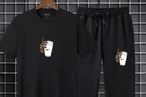 Men’s Black Printed Track Suit – 2-Piece Jersey Sportswear Set | Round Neck Shirt & Trousers | Comfortable Gym & Casual Wear (S–XL)