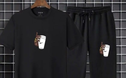 Men’s Black Printed Track Suit – 2-Piece Jersey Sportswear Set | Round Neck Shirt & Trousers | Comfortable Gym & Casual Wear (S–XL)