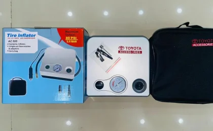 Toyota Tire Inflator DC 12V Portable Air Compressor 80 PSI - Car Tire Pump with Digital Gauge, 3 Nozzles & Carry Bag for Car, Motorcycle, Bicycle - Model AC595