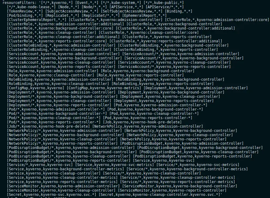 The Kyverno config file, which excludes the resources