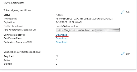 Download SAML signing certificate