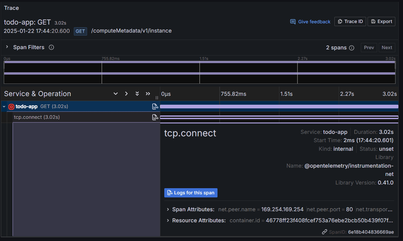 Detailed view of the traces for GET request