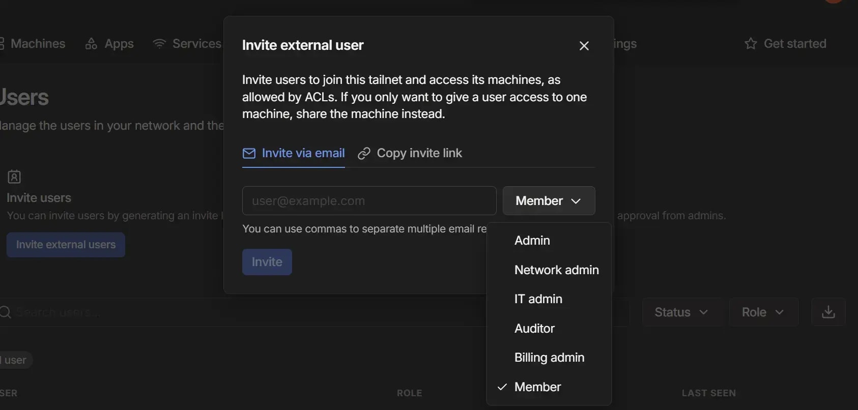 Invite users from Tailscale WebUI