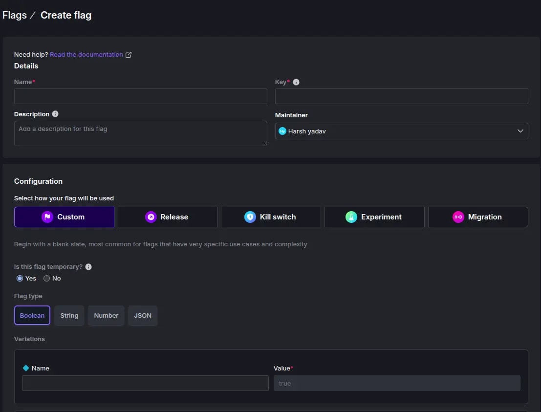 LauchDarkly UI for Flag Creation