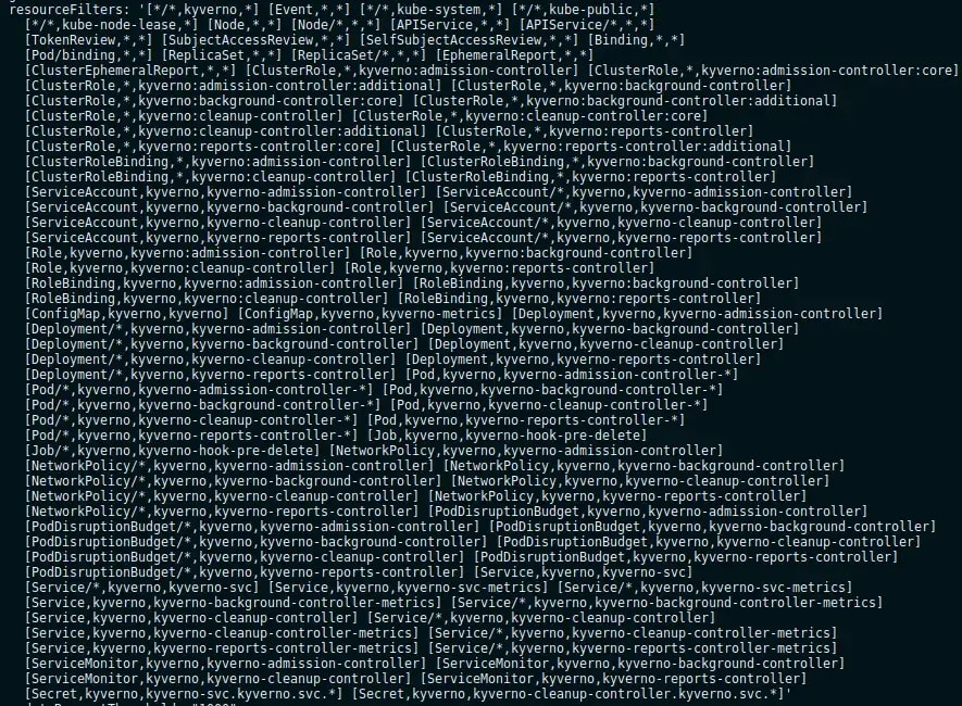 The Kyverno config file, which excludes the resources