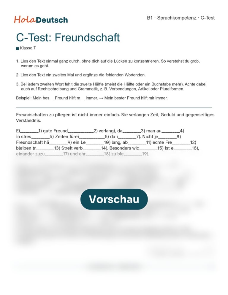C-Test Freundschaft – mittel (Klasse 7, B1)